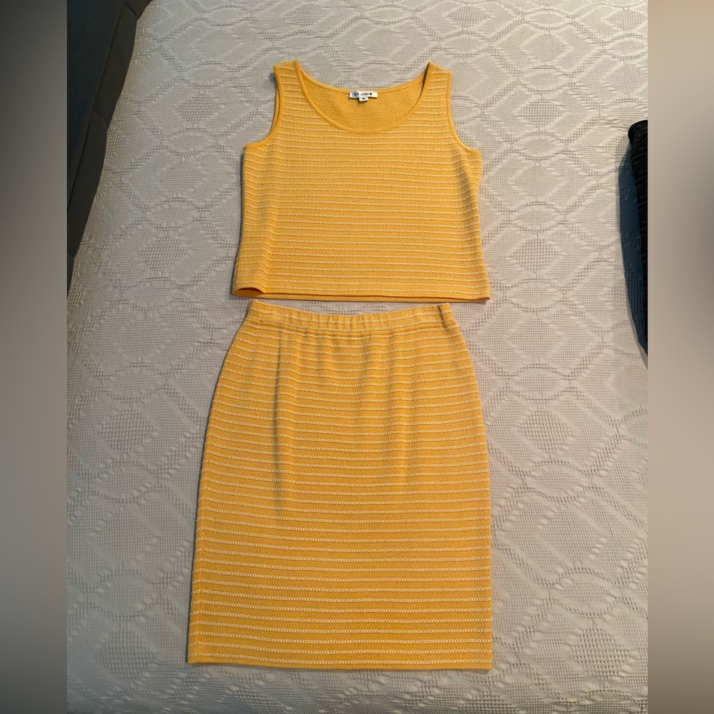 St. John Collection by Marie Gray top and skirt set, yellow with white stitching